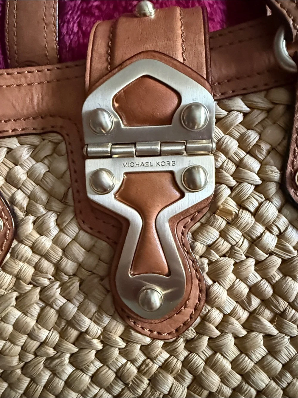 Michael Kors Basket Weave Straw Mini Tote with Tan Leather Trim.